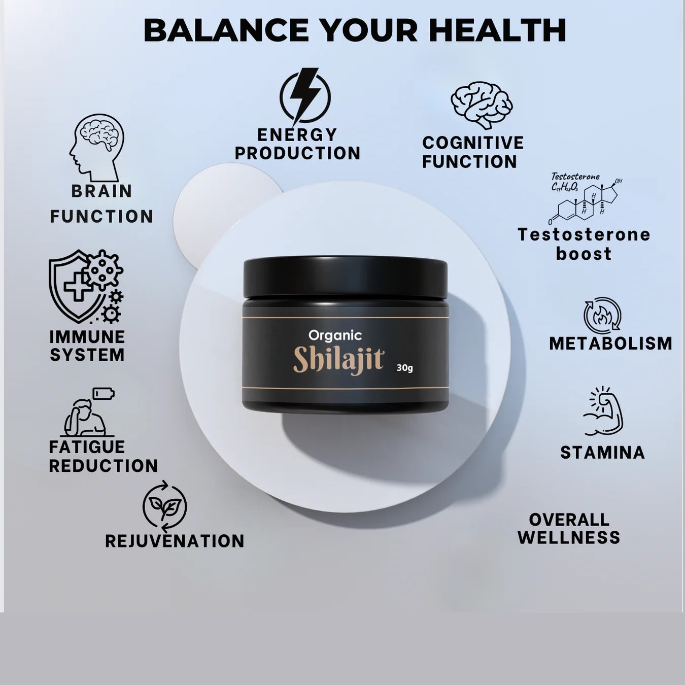 Organic Shilajit 30g jar showcasing benefits: brain function, energy production, metabolism, and overall wellness.