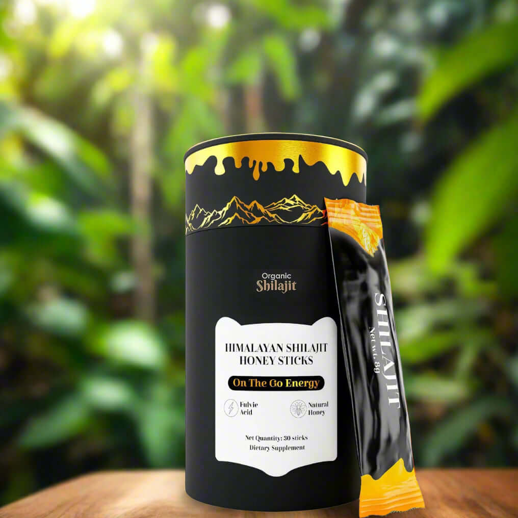 PureShilajit Honey Sticks packaging featuring natural honey for energy and vitality in a scenic background.