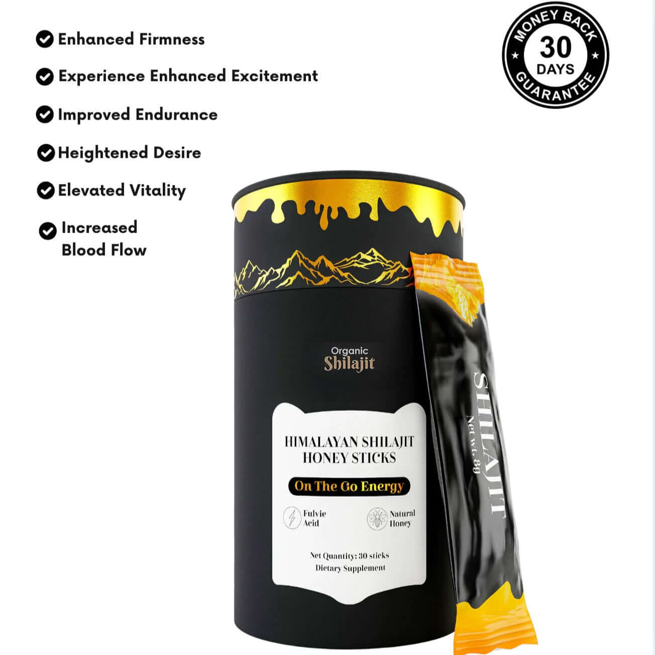 PureShilajit Honey Sticks for enhanced energy, vitality, and improved endurance in a sleek container.
