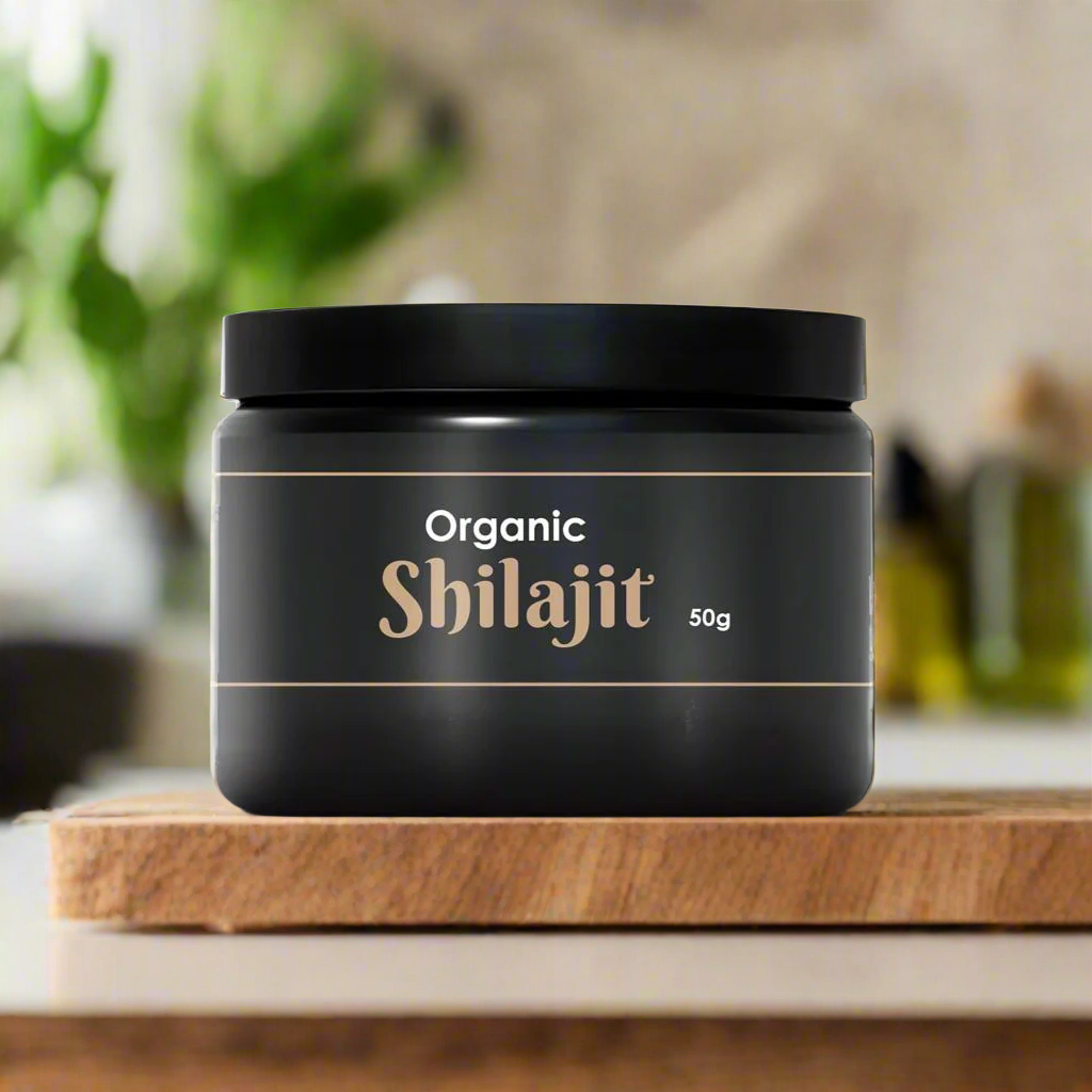 Organic Shilajit 50g jar on a wooden surface, highlighting premium shilajit resin for wellness.