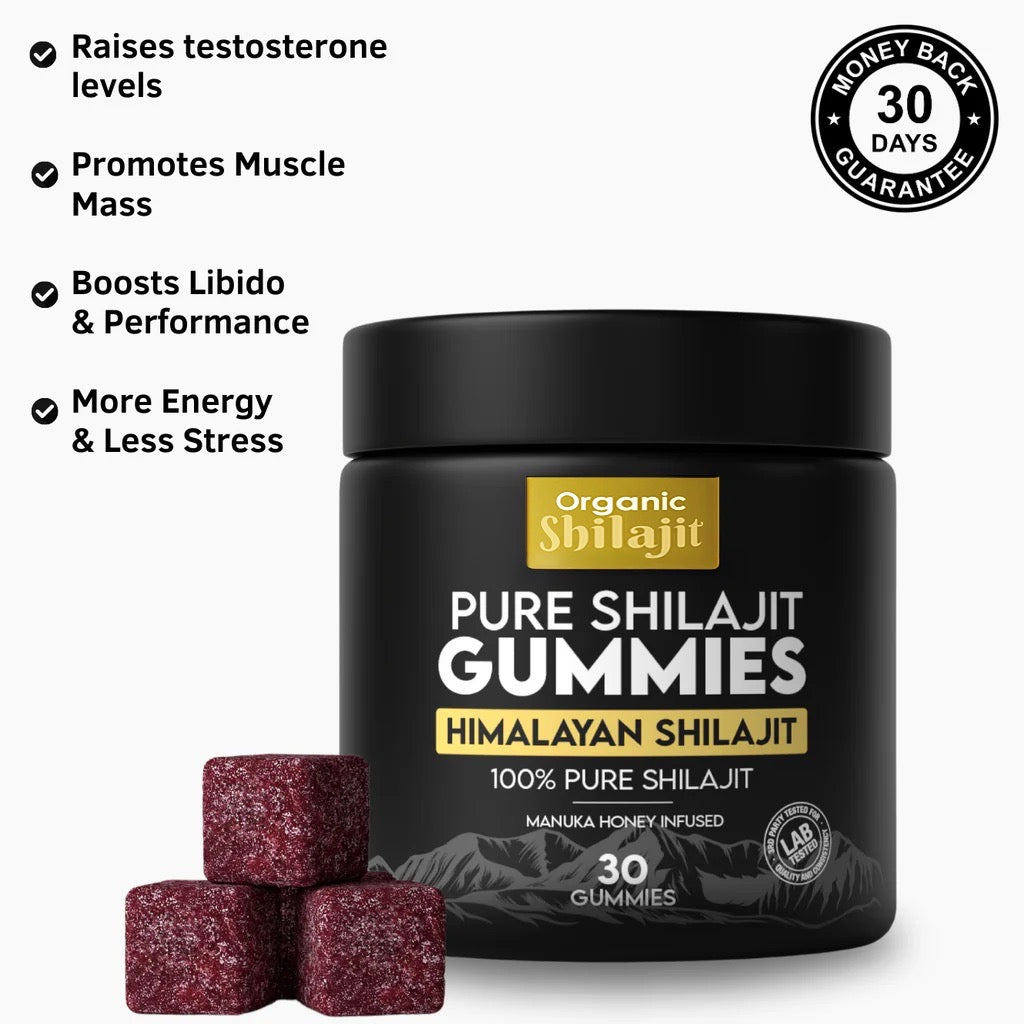 Pure Himalayan Shilajit Gummies in a jar with health benefits, boosting energy and wellness support.