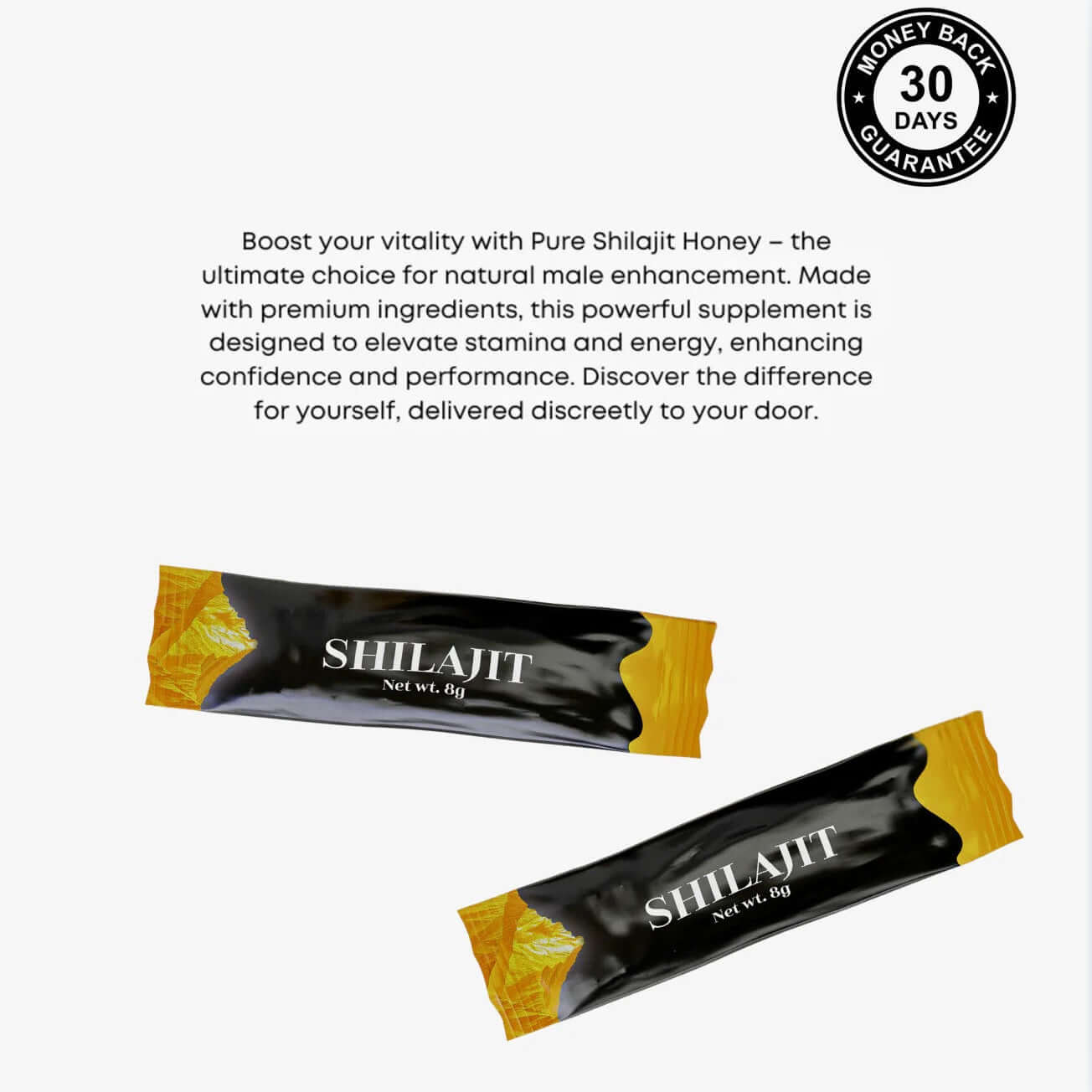 Pure Shilajit Honey sticks for vitality, energy boost, and natural male enhancement in convenient packaging.