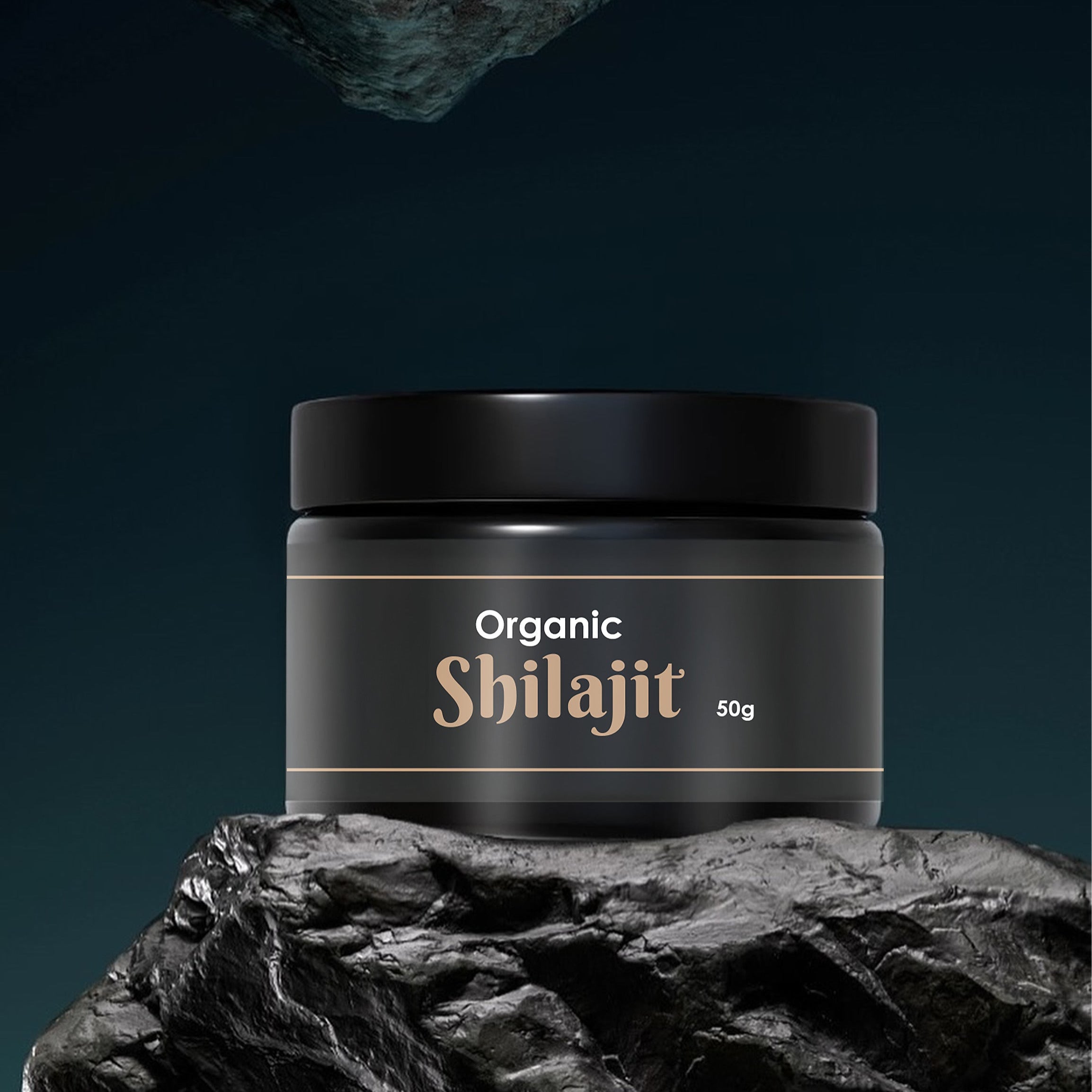 Organic Shilajit 50g jar on a rocky background, promoting vitality and wellness.