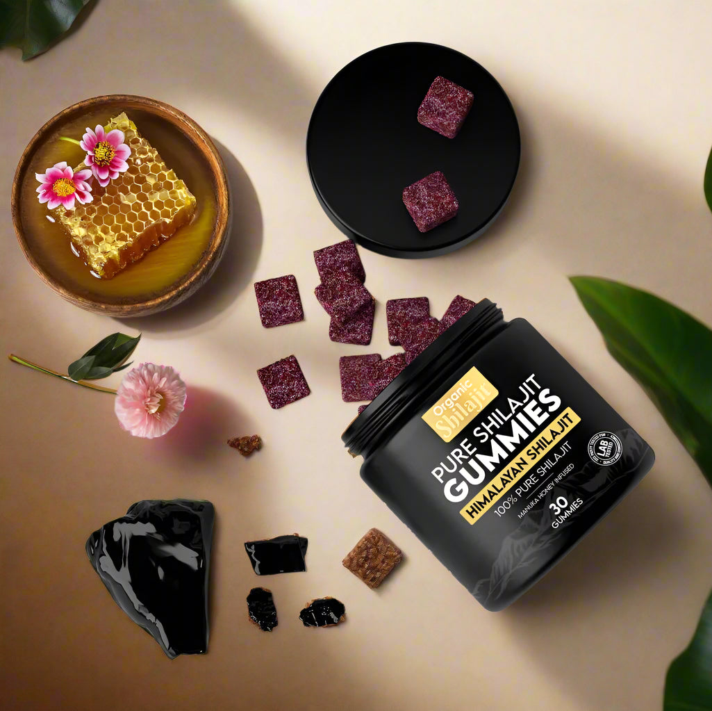 Pure Himalayan Shilajit Gummies in a stylish container with honey and natural ingredients, promoting energy and wellness.