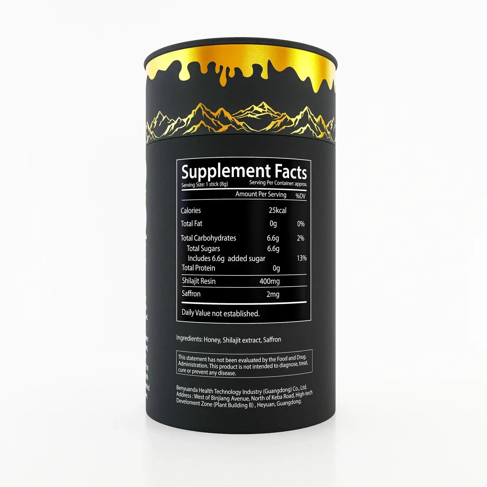 PureShilajit Honey sticks nutritional label highlighting energy-boosting ingredients like Shilajit and saffron, packed in a sleek black container.