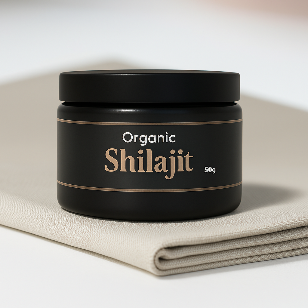 Pure Himalayan Shilajit 50g jar on a beige fabric background for vitality and health benefits.